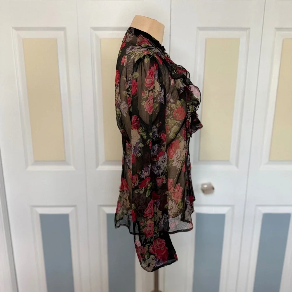 Lauren Ralph Lauren Floral Ruffle Front Sheer Blouse Black Red Rose Medium - Picture 2 of 8